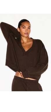 SKIMS Boyfriend Fleece V Neck Pullover Sweatshirt Espresso Brown XL